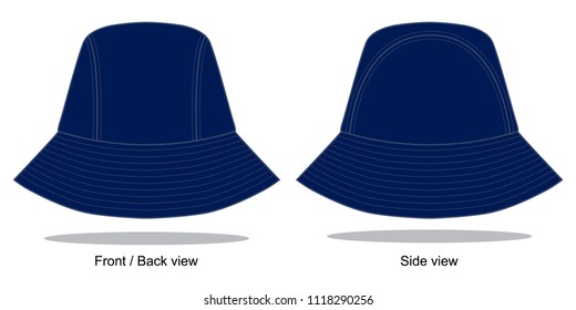 Blank navy blue bucket hat with 3 panel template on white background.Front, back and side view.
