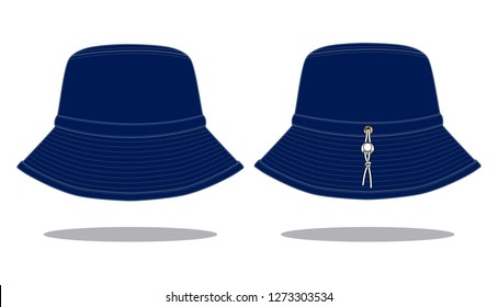 Blank Navy Blue Bucket Hat with Cord and Stopper Toggle Template Vector.Front And Back View.