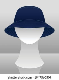 Blank Navy Blue Bucket Hat Template On Mannequin Head Vector.