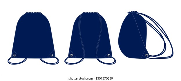 Blank Navy Blue Drawstring Shoulder Bag Template Vector On White Background.Front Back and Side View.