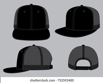 Blank Navy Blue Hip Hop Cap With   
Mesh At Side And Back Panel, Adjustable Snap Back Closure Strap Template On Gray Background.