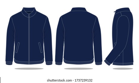 Blank Navy Blue Jacket Template on White Background. Front, Back and Side Views, Vector File.