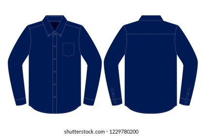 Blank Navy Blue Long Sleeve Dress Shirt with One Pocket Templateon White Background. Front and Back Views, Vector File.