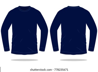 Blank Navy Blue Long Sleeve T-Shirt Vector For Template.Front And Back View.