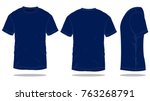 Blank Navy Blue Short Sleeve T-Shirt Template on White Background. Front, Back and Side Views, Vector File.
