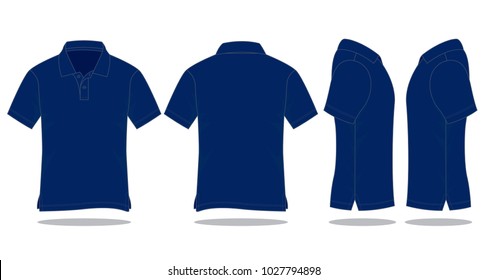 Blank Navy Blue Short Sleeve Polo Shirt Template on White Background. Front, Back, and Side Views, Vector File.