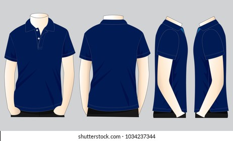 Blank Navy Blue Short Sleeve Polo Shirt Template on Gray Background. Front, Back, and Side Views, Vector File.