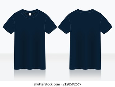 Plantilla de camiseta de manga corta azul de la Marina en blanco sobre fondo blanco.Vista frontal y posterior, archivo vector.