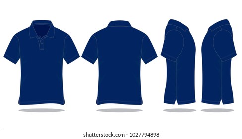 Blank Navy Blue Short Slleve Polo Shirt Template Vector.Front, Back And Side Views.