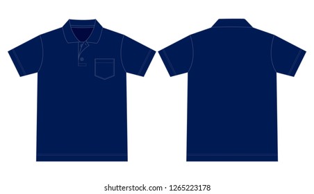 Blank navy blue short-sleeve polo shirt has one pocket on the left chest on a white background. Front and back views, vector file.