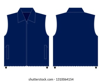 Blank Navy Blue Vest With Fit Stopper Template on White Backgroundr.Front and Back View, Vector File