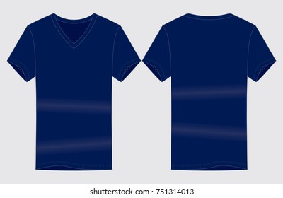 Blank Navy V-Neck Shirt Vector For Template.Front And Back Views.