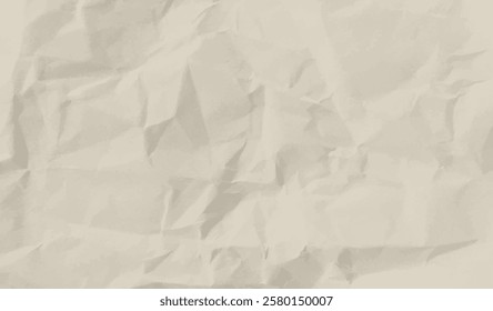 Blank neutral light beige crumpled paper, vector background texture. Wrinkled worn sheet