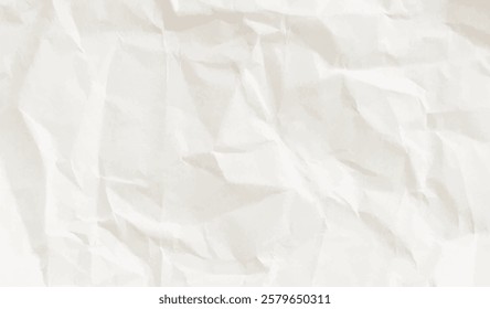 Blank neutral white crumpled paper background texture. Wrinkled creased worn light sheet	