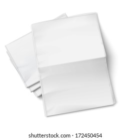 Blank newspapers pile with unfolded one on white background. Top view. Vector illustration. EPS10.
