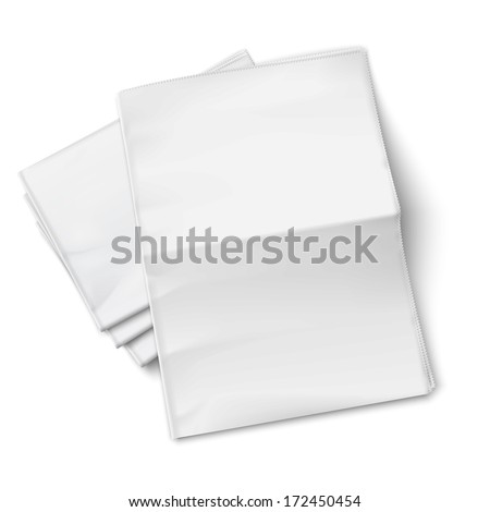 Blank newspapers pile with unfolded one on white background. Top view. Vector illustration. EPS10.