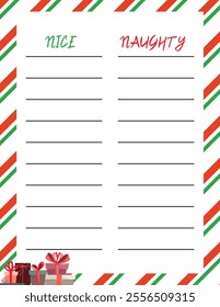 Blank nice and naughty list template with red green theme and gift boxes at the bottom for cards, Christmas card