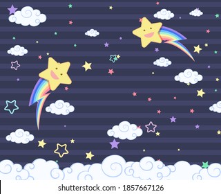 Blank night sky with many clouds and smiley stars illustration