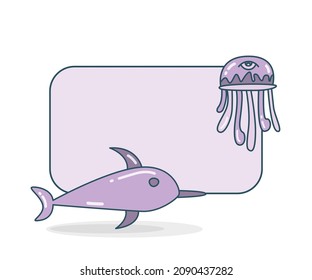 blank note board with dolphin and jellyfish vector illustration