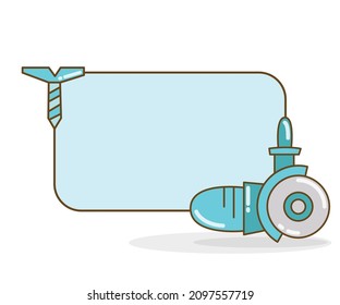 blank note board with electric saw and bolt vector illustration