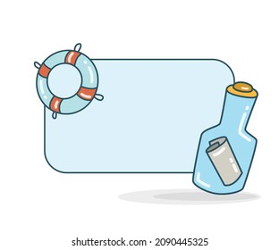 blank note board with letter bottle and lifebuoy vector illustration