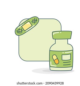 tablero de notas en blanco con botella de medicina e ilustración vectorial de venda