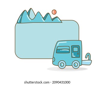 tablero de notas en blanco con ilustración vectorial del remolque de montaña y de autocaravana