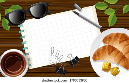 Blank note close up on desk background with some leaves props illustration