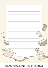 Blank note decorated with cooking utensils pot, pan, bowl, cutting board. Vector illustration. Text frame.