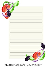 Blank note decorated with elements of vegetables of traditional Greek cuisine on a white background. Vector illustration. Text box.