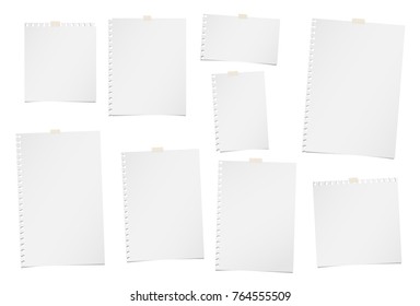 Blank, note, notebook, copybook paper sheets for text or message stuck with sticky tape on white background.