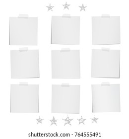 Blank note, notebook, paper sheets for text or message stuck with stars stuck on white background.