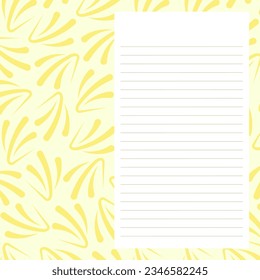 Blank note on white template with lines on abstract yellow background. Vector illustration for recipe page, poster, postcard.