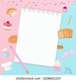 Blank note paper with bakery. Design with bread, dessert and baking utensils on pastel background.