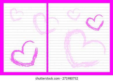 Blank note paper, books and notebooks with a pink heart for the love messages and notes.