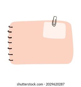 Blank Note Paper With A Paper Clip. Cute Spiral Notepad. Hand Drawn Notepad Doodle Vector 
