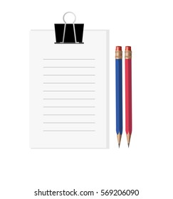 Blank note paper with paper clip and two pencils on white background. Office supplies. 