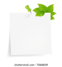 Blank Note Paper With Green Leaf, Isolated On White Background, Vector Illustration