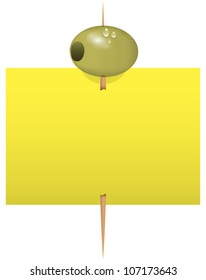 Blank note paper with a green olive on a toothpick. Vector illustration