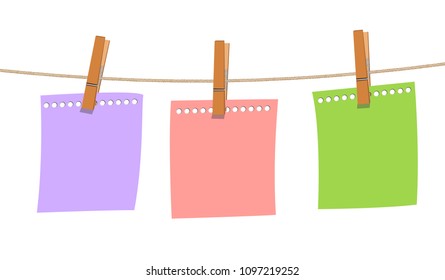 blank note paper hanging on rope with wood clip on white background, vector memo concept