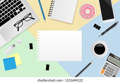 Blank note paper with notebook, eyeglasses, smart phone, laptop, pencil, pen, donut, USB Flash Drive with coffee cup on pastel color background, Flat lay, Top view. Vector illustration