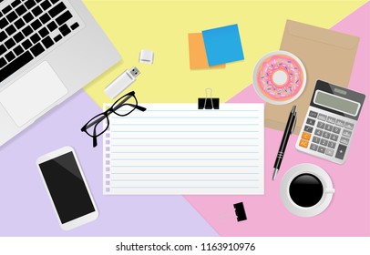 Blank note paper with notebook, eyeglasses, smart phone, laptop, pencil, pen, donut, USB Flash Drive with coffee cup on pastel color background, Flat lay, Top view. Vector illustration