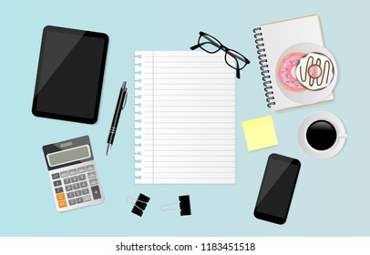 Blank note paper with notebook, eyeglasses, smart phone, pencil, pen, donut with coffee cup on pastel color background, Flat lay, Top view. Vector illustration