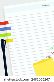 Blank note paper with office elements in flat design.