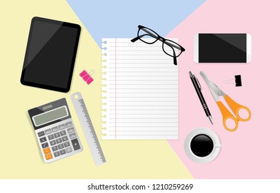 Blank note paper with office suppiles on pastel paper, Flat lay, Top view. Vector illustration