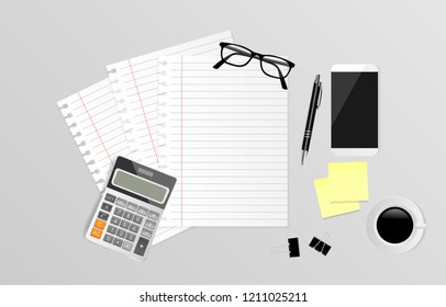 Blank note paper with office suppiles on gray background, Top view. Vector illustration