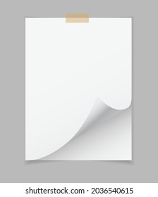 blank note paper page with corner curlwed up and duct tape 