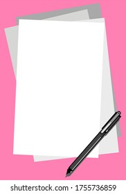 Papel de nota en blanco con el vector de vista superior de fondo rosa de lápiz