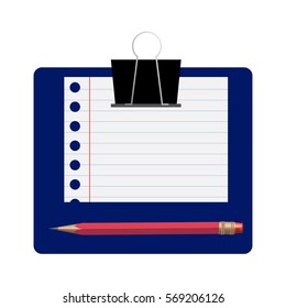 Blank note paper with pencil on blue paper pad holder isolated on white background. Office supplies.