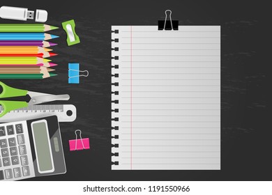 Blank note paper with school supplies on chalkboard. Vector illustration